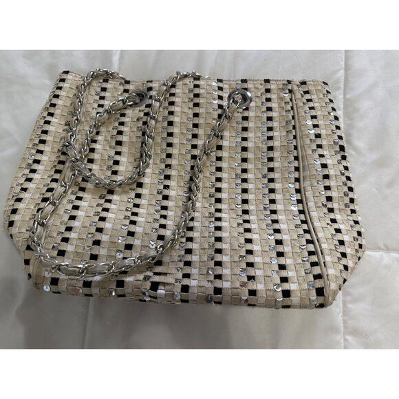 Talbots Woven Sequin-Accented Handbag Chain Straps Beige Black Elegant Tote Bag - Picture 1 of 11